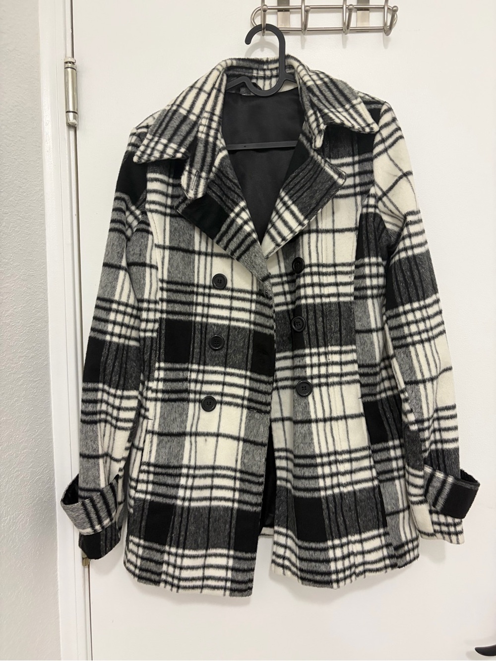 Women's Black & White Plaid Double-Breasted Peacoat